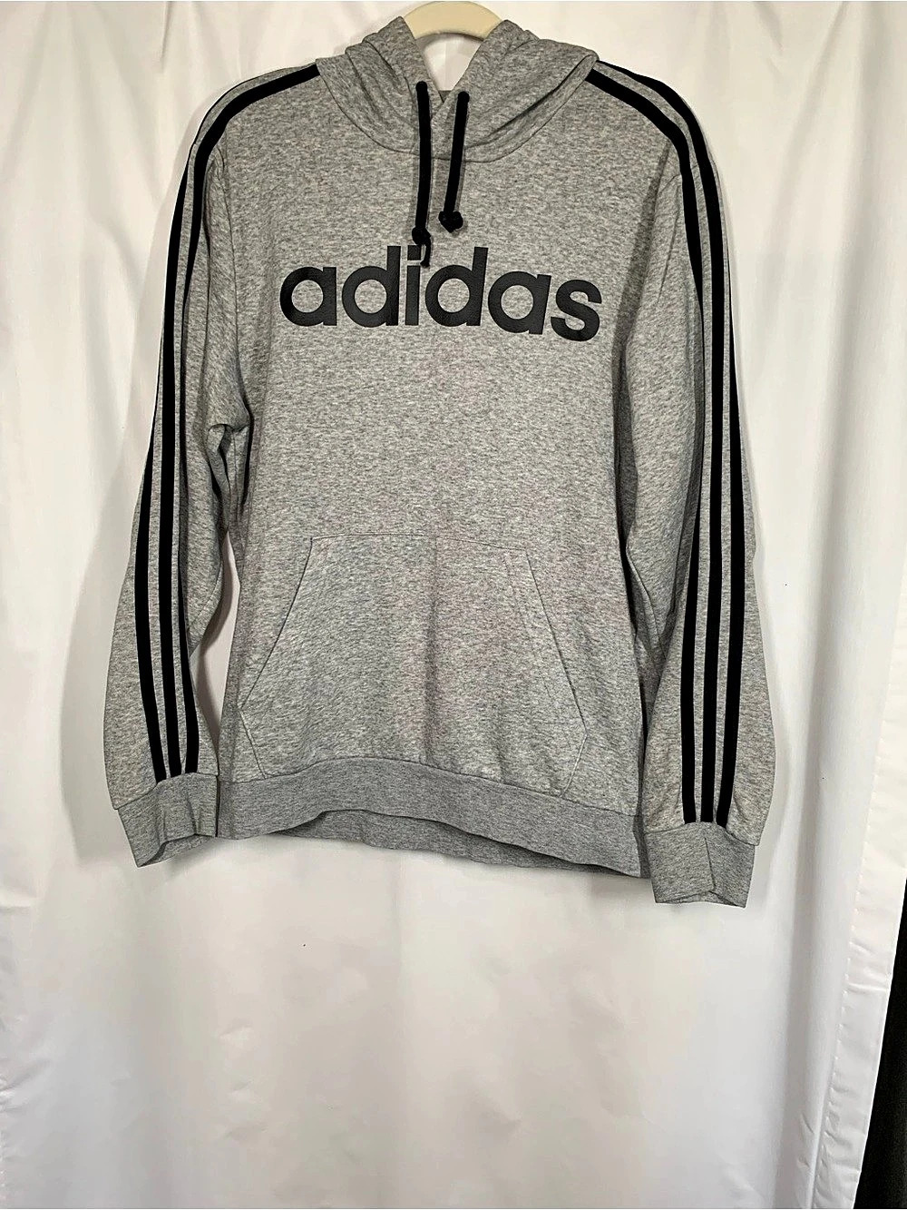 adidas Essentials 3-Stripes Fleece Pullover Hoodie sweatshirt, Gray & Black Med.